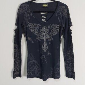 Y2K Biker Graphic Gothic Grunge Vneck Studded Cut-out Long Sleeves Tee Small